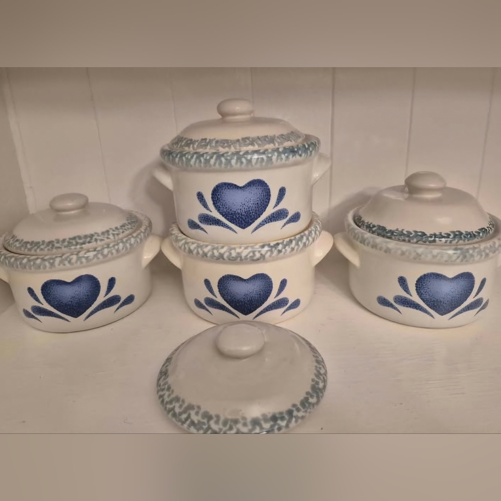 Set Of 4 Vintage Blue Heart Soup/Mini Casserole/ Bean Crocks Set